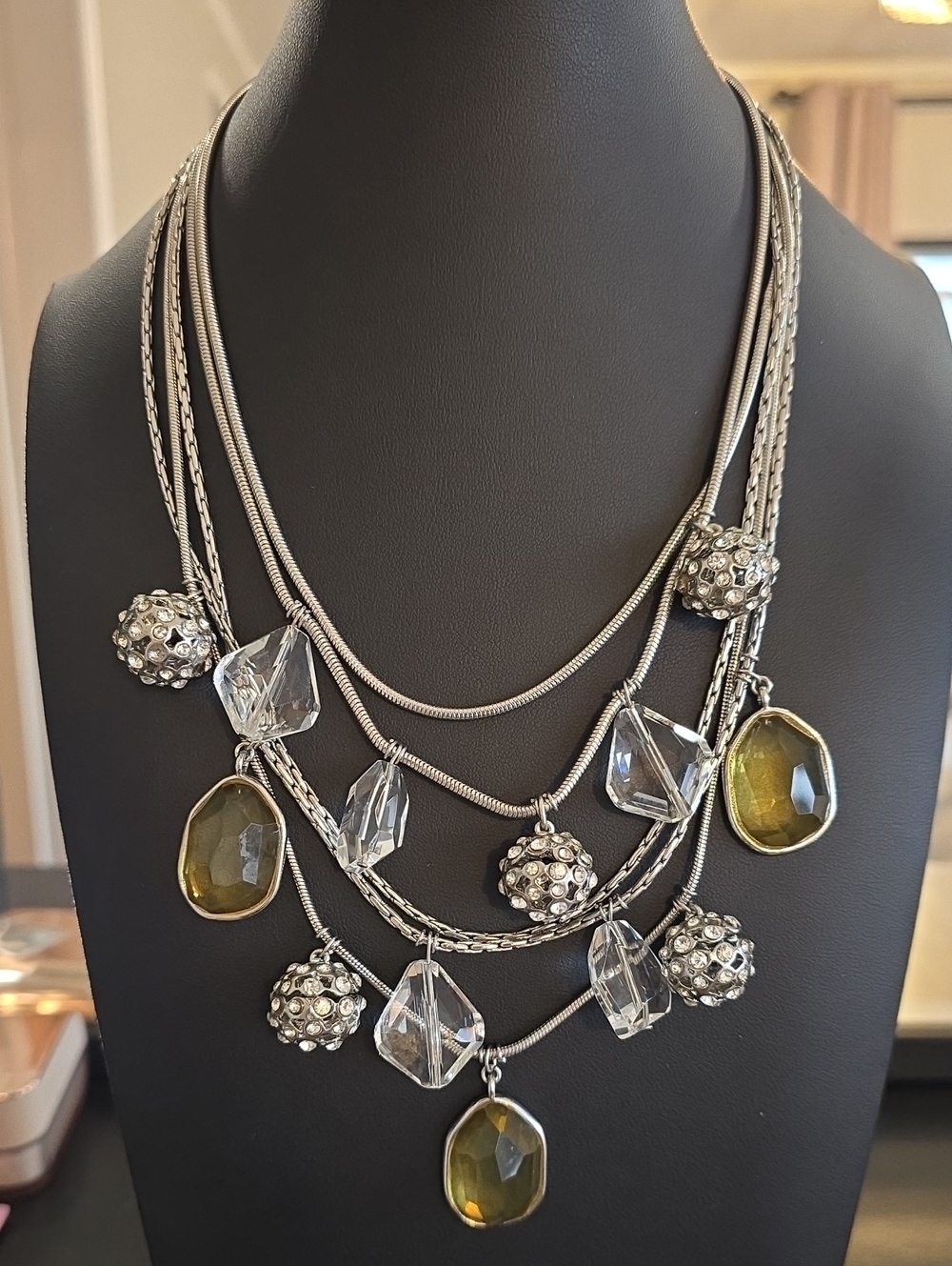 Chico's Silver Multi-Strand Necklace with Clear and Olive Accents ((D)